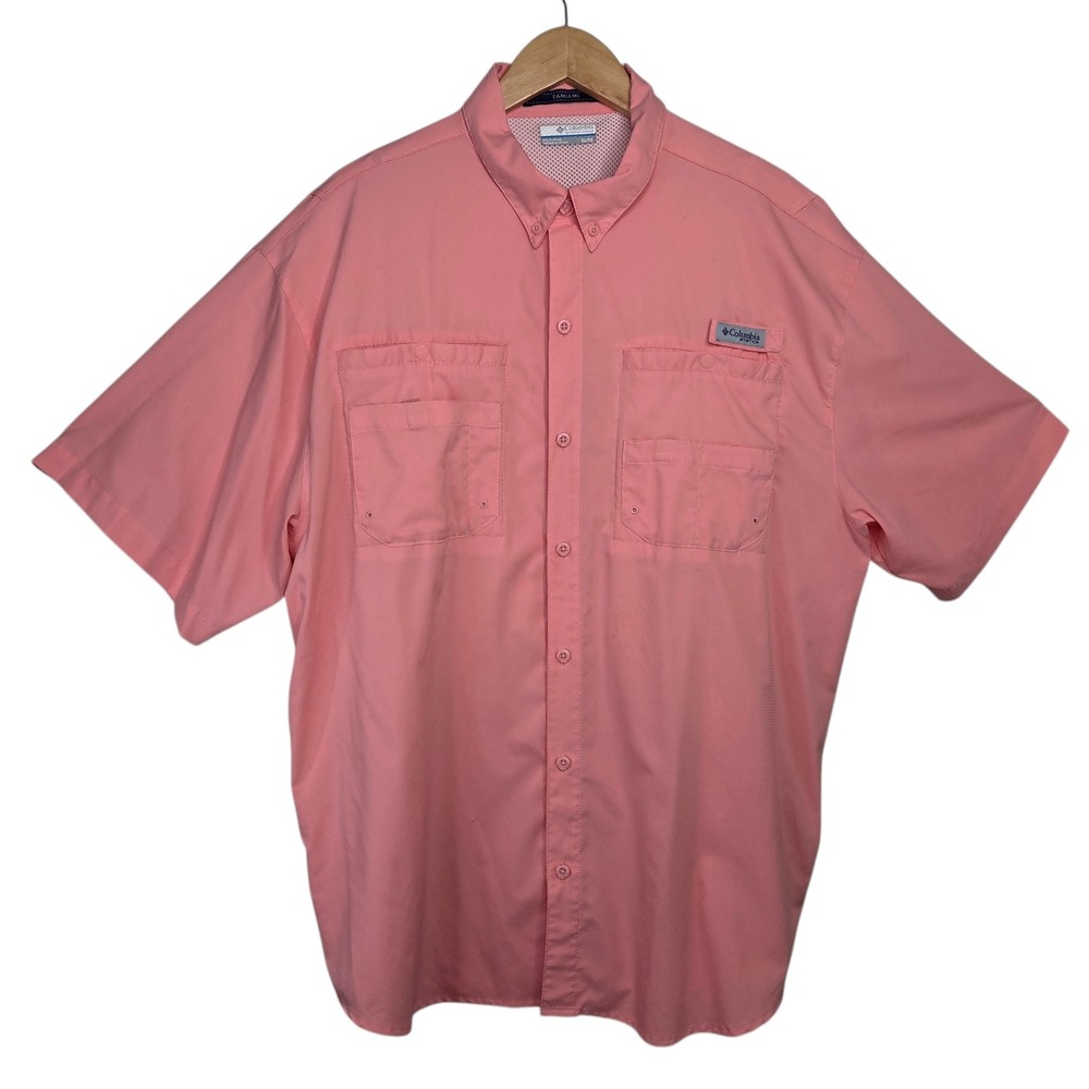 Columbia Mens Pink Polyester Tamiami PFG Fishing Shirt XL Short Sleeve Vented